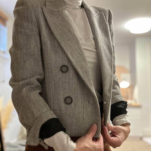 ZARA CROPPED HERRINGBONE DOUBLE BREASTED BLAZER - Picture 2 of 5